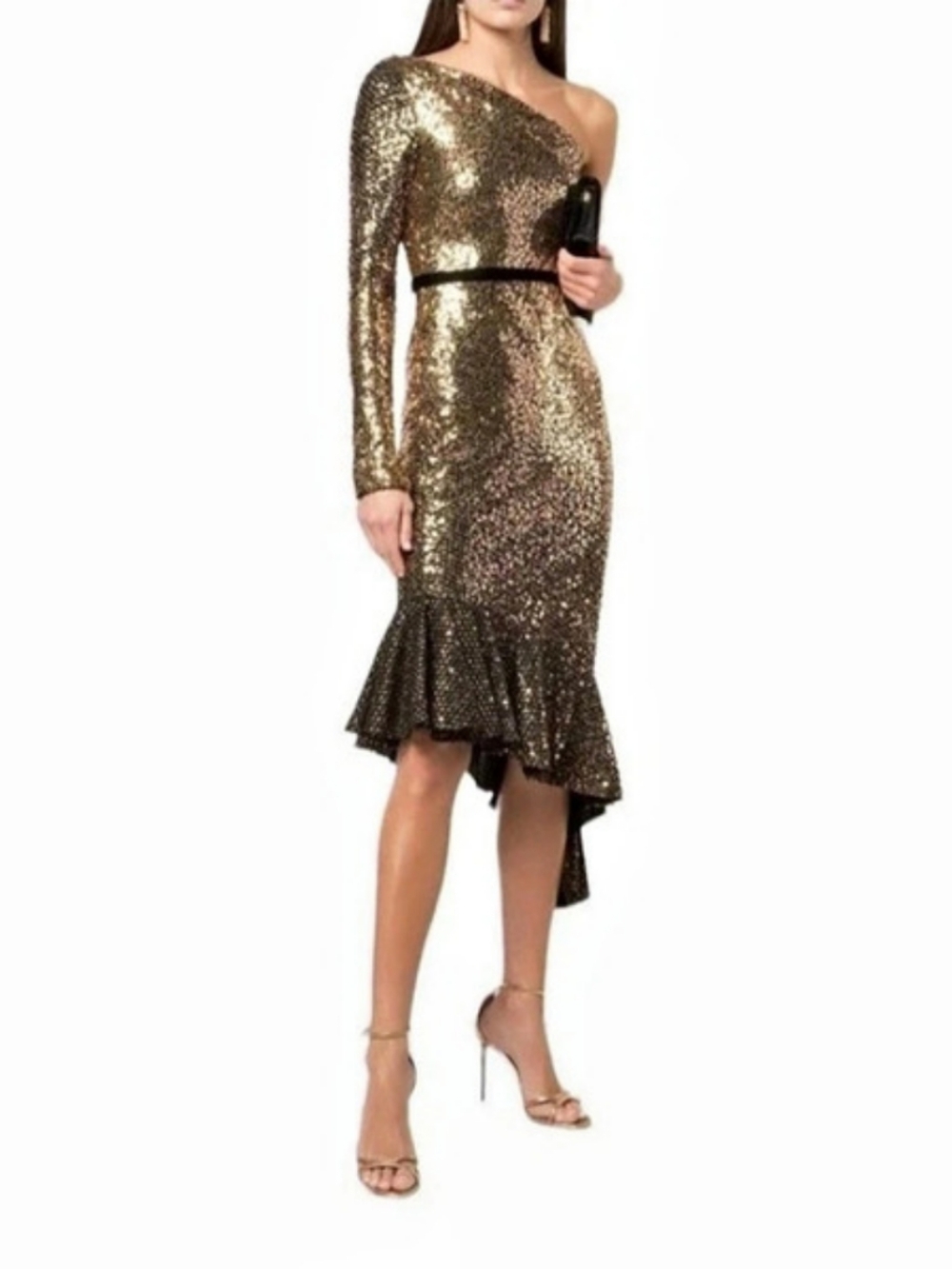 Marchesa Notte Gold Sequin One-Shoulder Midi Dress Size 4